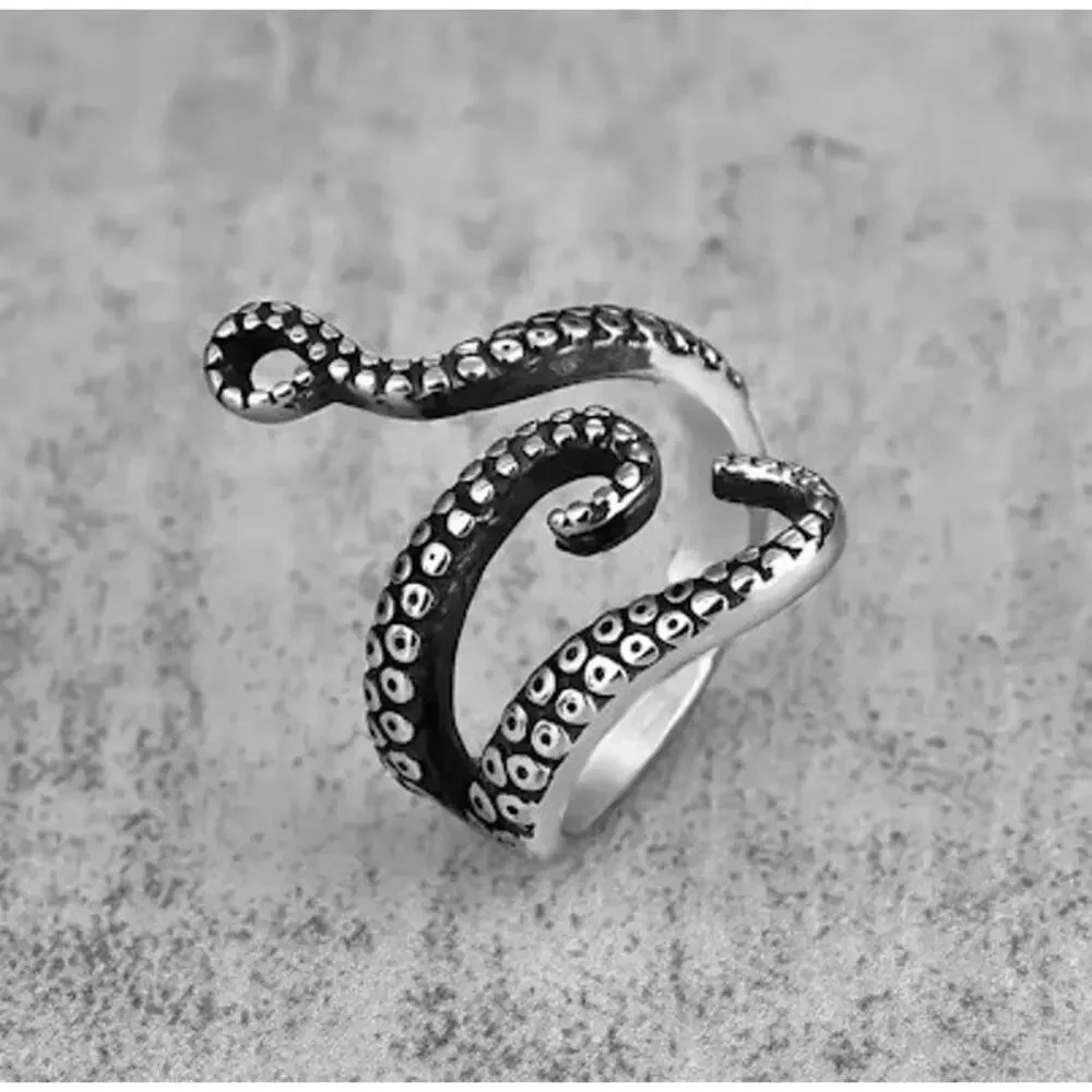 Octopus Tentacle Ring Adjustable Silver Gothic Ocean Wrap Finger Jewelry